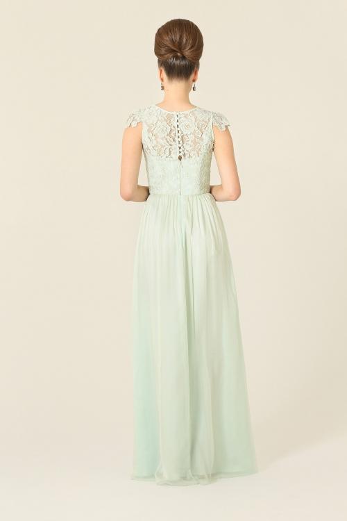 Illusion Bateau Neck Column Lace Bodice Long Chiffon Bridesmaid Dress 