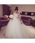 Off-the-shoulder Ball Gown Tulle Long Wedding Dress with Beading and Hand Made Flowers