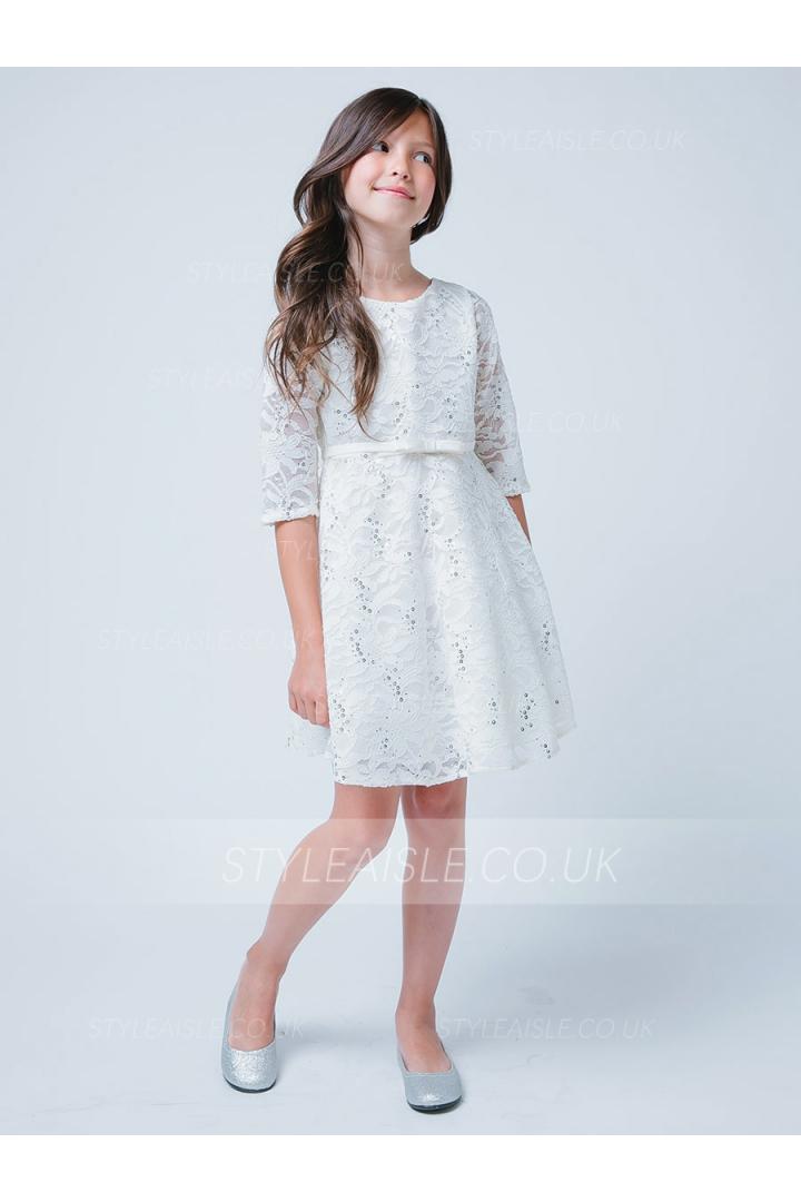 Knee-length Half sleeves Sequins Lace Flowergirl Dresses