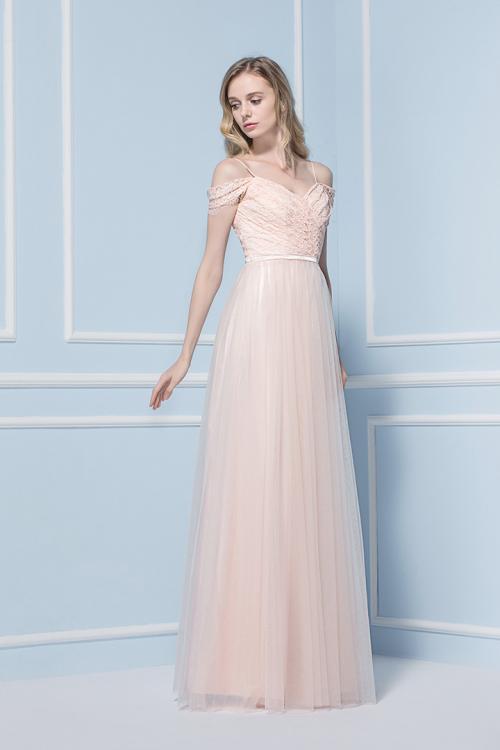 Off the Shoulder Blush Lace Bodice Tulle Bridesmaid Dress with Ribbon 