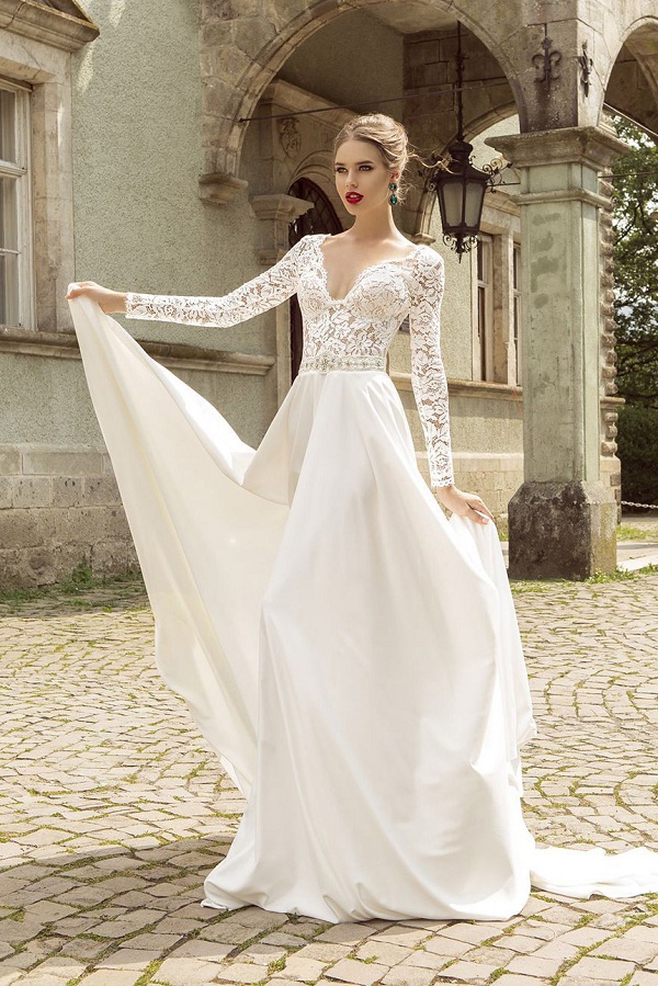 Vintage Modest Long Sleeve A-line Satin Wedding Dress with Crystal Waist