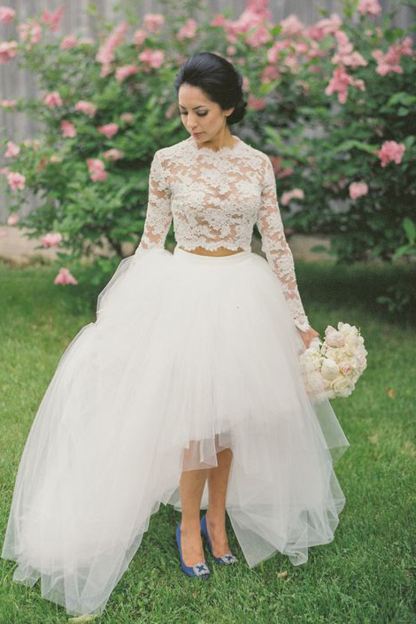 Two Piece Lace Long Sleeve Ball Gown Tulle High Low Wedding Dress
