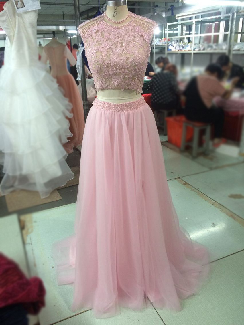 Jewel Neck Cap Sleeve Beading Long A-line Blush Tulle Prom Dress