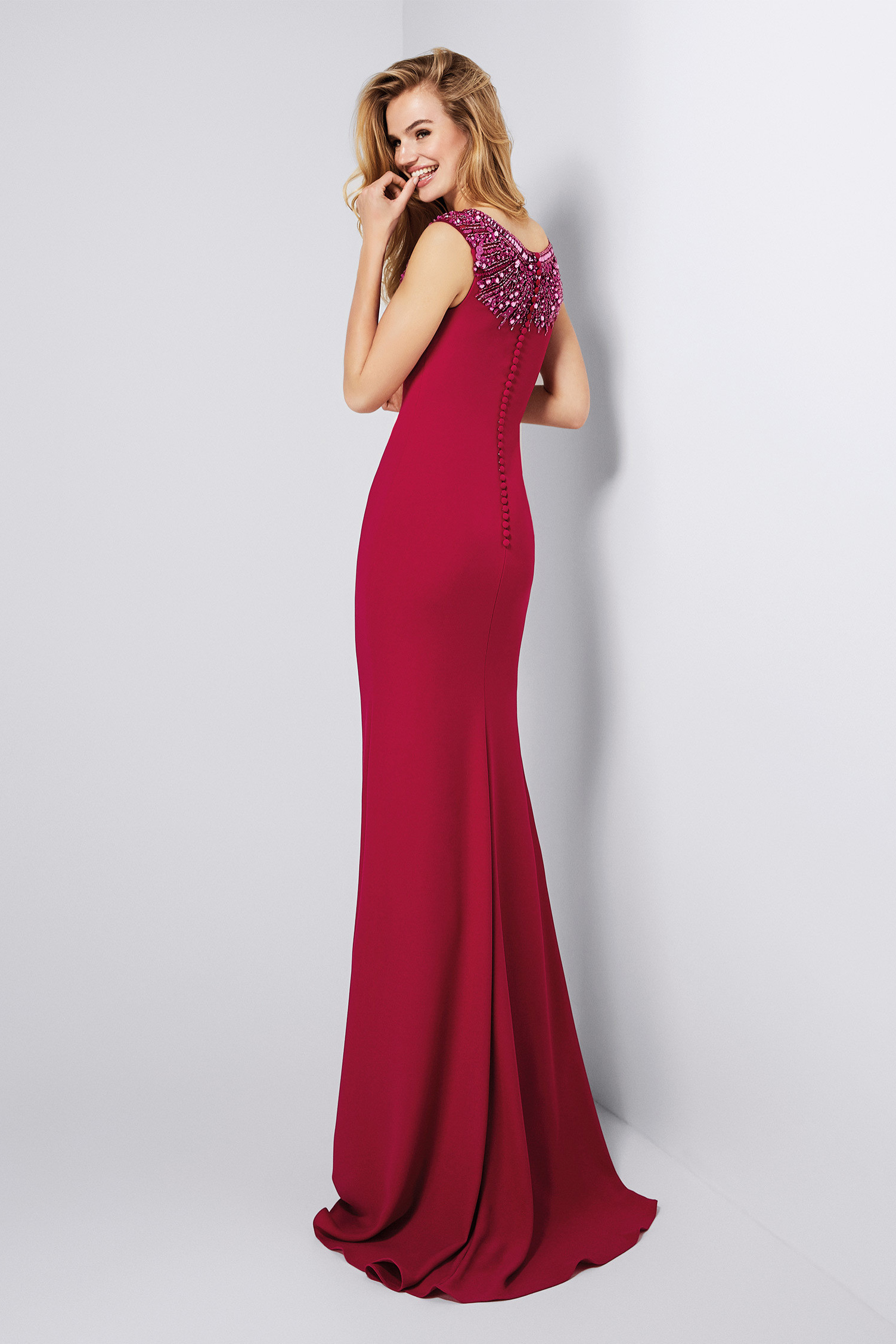 Sparkly Beaded Long Sheath Red Jersey Prom Dress with Cap Sleeves