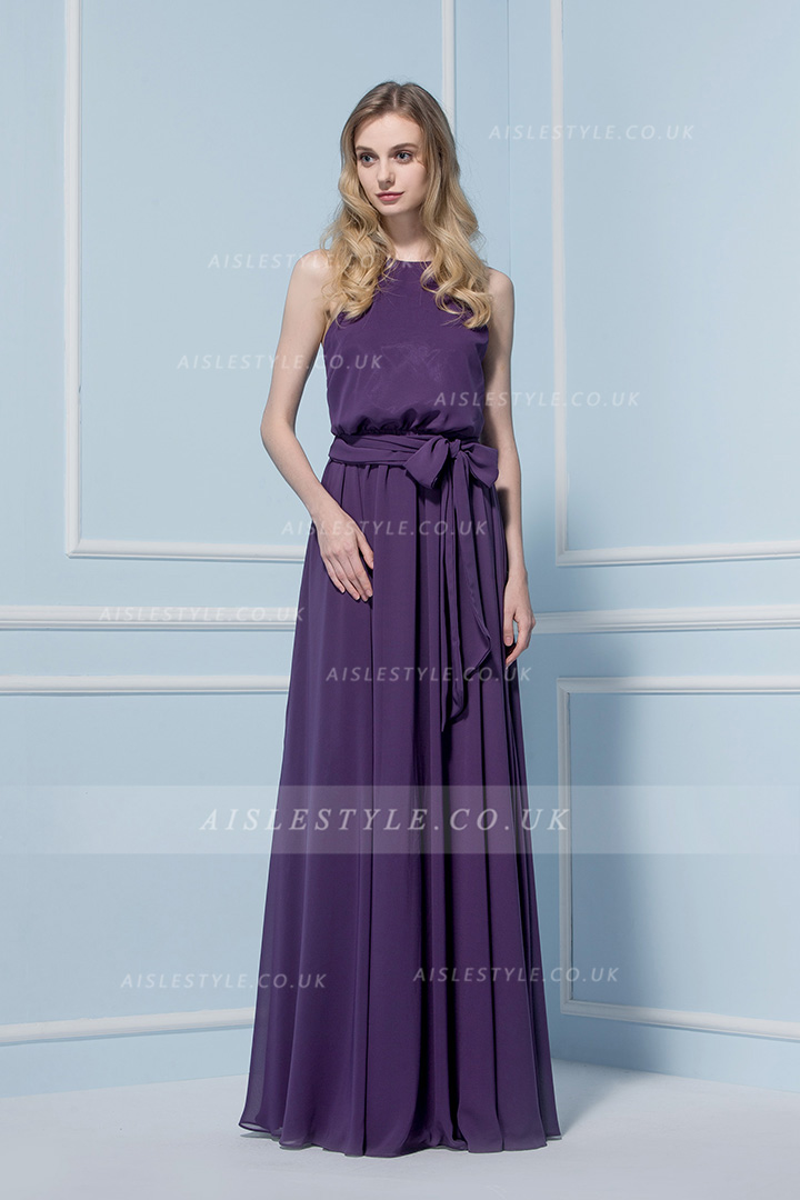 Halter Neck Purple Chiffon Sleeveless Bridesmaid Dress with Sash