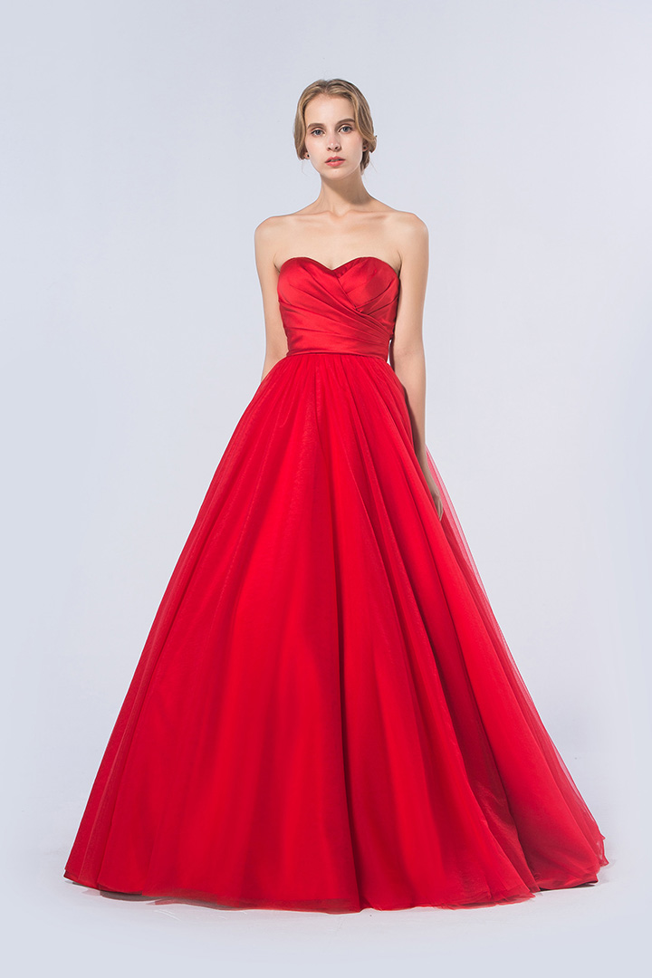 Simple A-line Strapless Pleated Long Red Satin Prom Dress