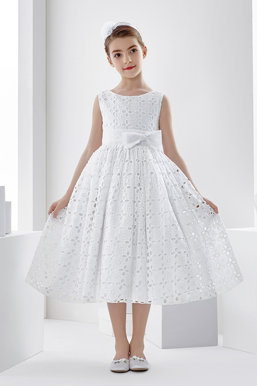 Ball Gown Short Sleeve Hand Made Flowers Tea-length Communion Dress
