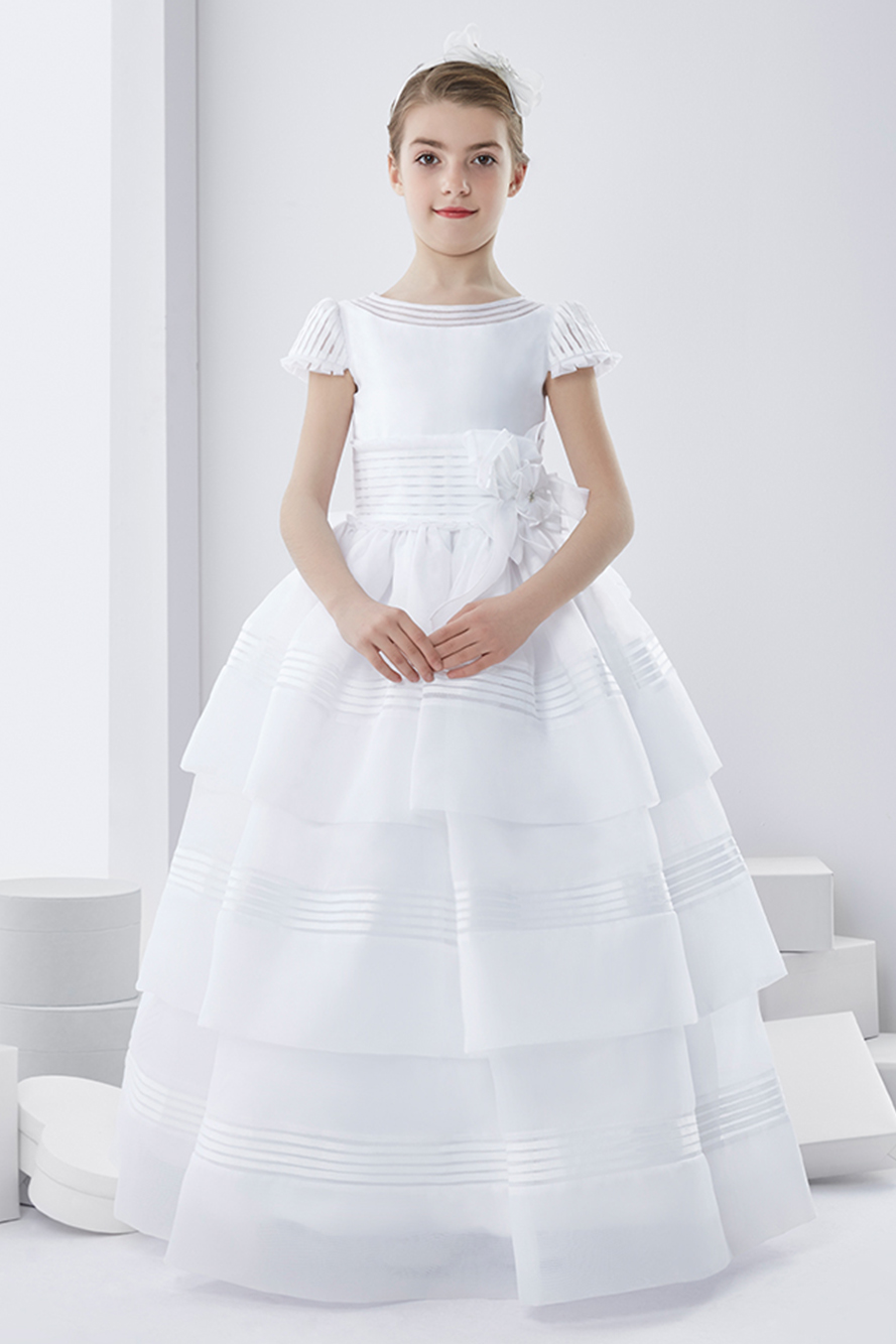 Short Sleeve Ball Gown Short Sleeve Long First Communion Dress with Bow