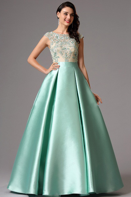 Bateau Neck Long A-line Mint Green Satin Prom Dress with Cap Sleeves
