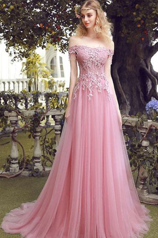 Off Shoulder Lace Embroidery Long A-line Pink Tulle Prom Dress Lace Up