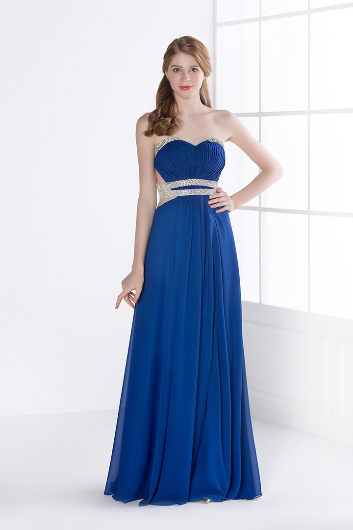 Long Royal Blue Strapless Side Beaded Cut Out Split Front Prom Dress