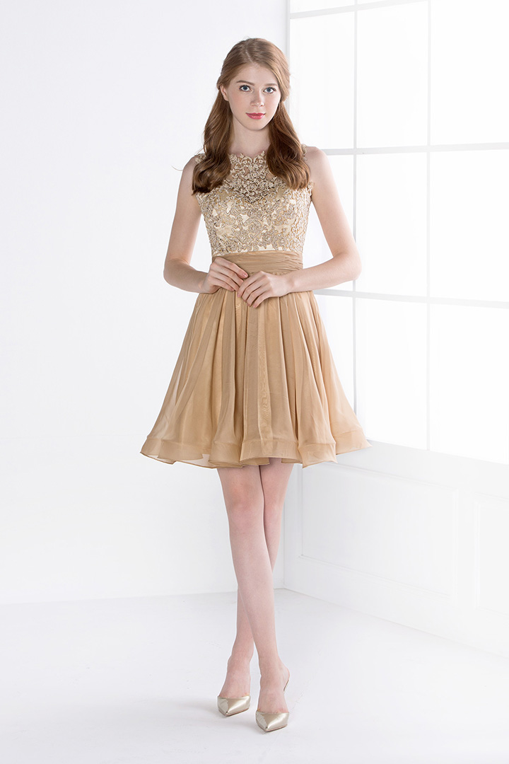 Illusion Neckline Backless Gold Lace Bodice Cocktail Dress Short