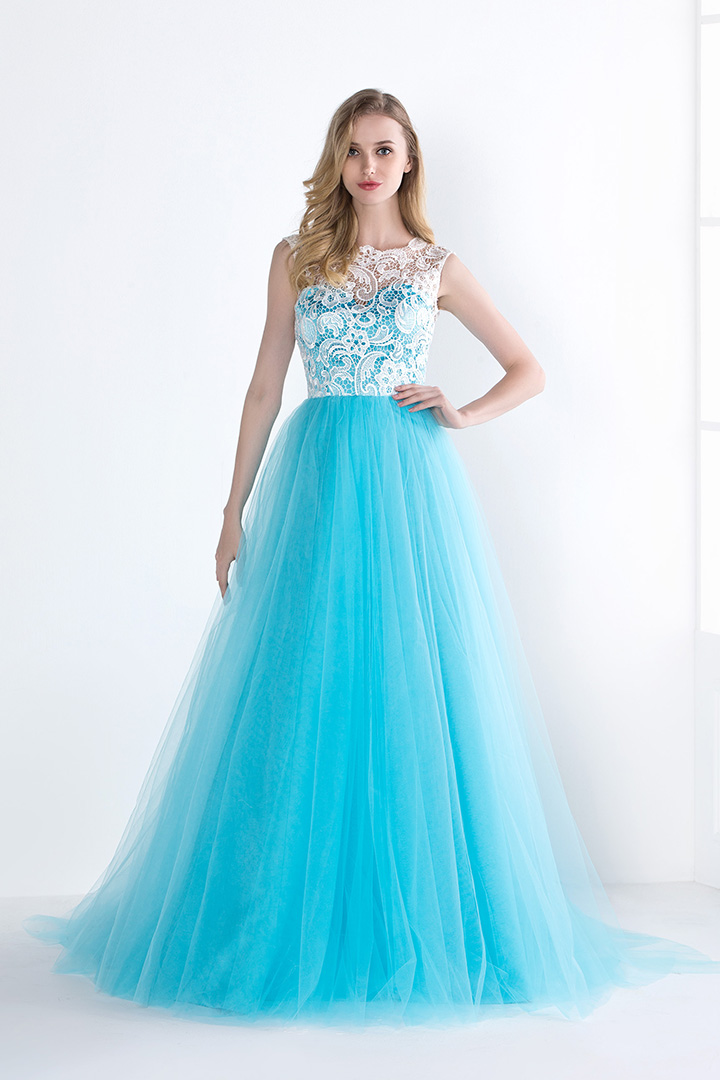 Elegant Lace Bodice Illusion Neck Long Ice Blue Tulle Prom Dress