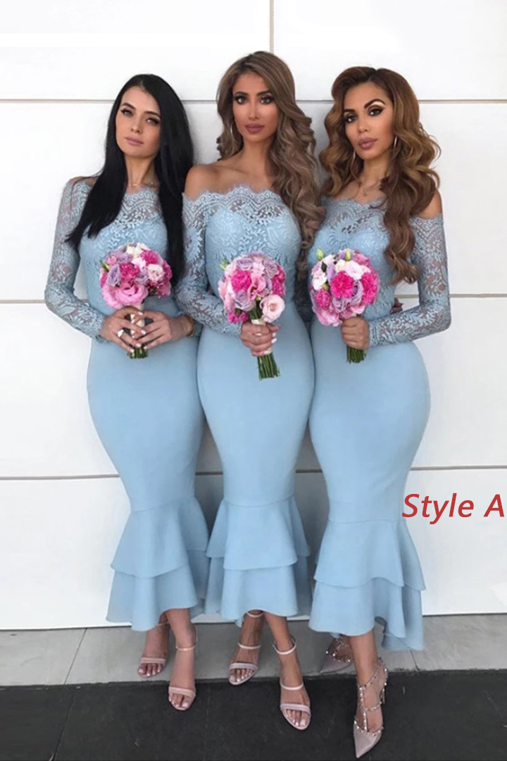 Trumpet/Mermaid Off-the-shoulder Lace Ruffles Asymmetrical Long Satin Bridesmaid Dresses (with 2 Styles A/B）