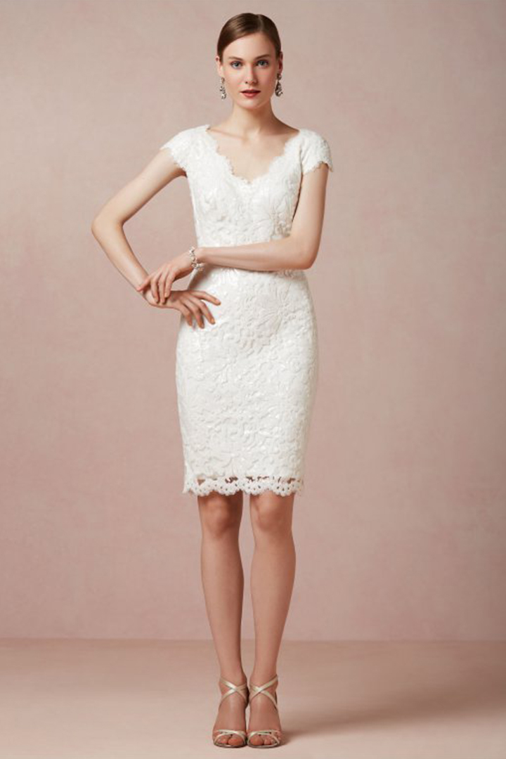Sheath/Column V-neck Cap Sleeves Short/Mini Ivory Lace Wedding Dresses
