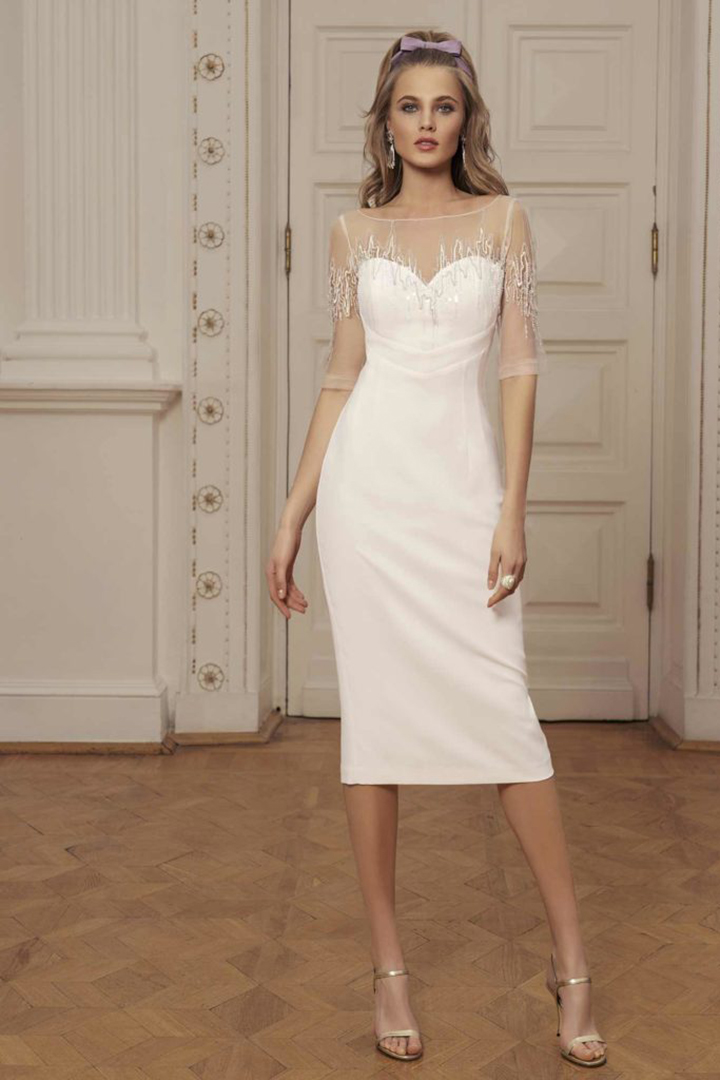 Sheath/Column Illusion Bateau Neck Half-Sleeves Beading Tea-length Short Prom Dress