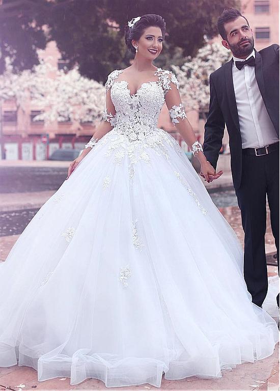 Lace Sleeves Long Ball Gown Tulle Wedding Dress