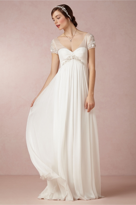 Beach Short Sleeved V Neck Lace Appliqued Crystal Detailing A-line Chiffon Wedding Dress
