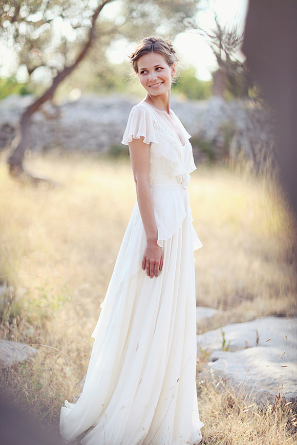Beautiful V Neck Long A-line Chiffon Outdoor Wedding Dress with Flutter Sleeves and Lace Details