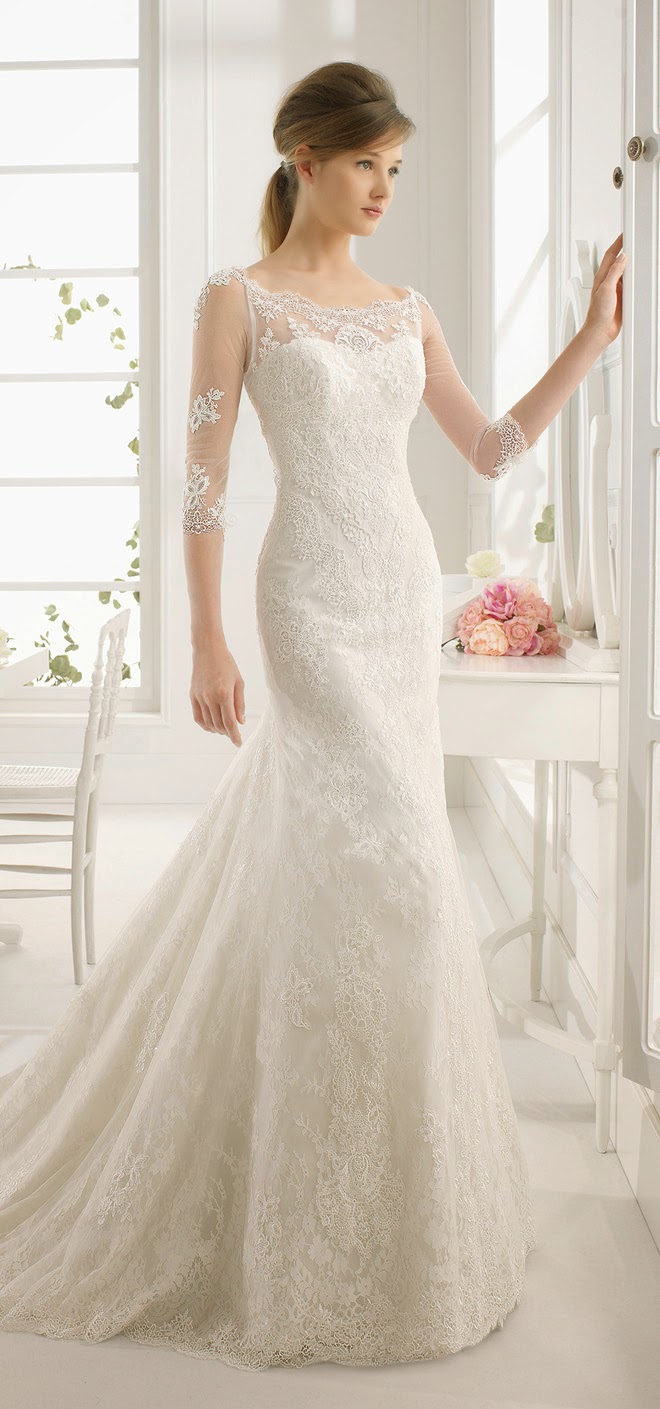 3/4 Sleeved Patterned Fit Flared Lace overay Tulle Wedding Dress