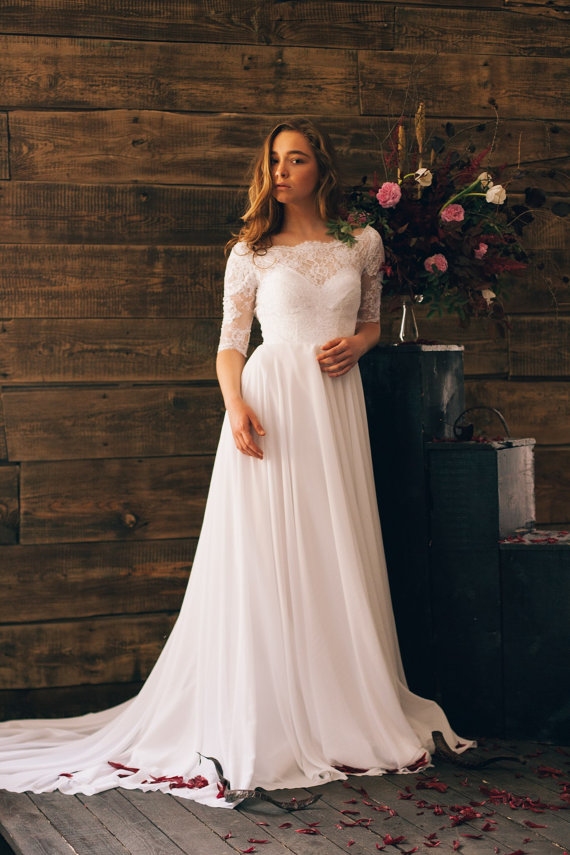 Vintage Half-sleeve Lace Bodice A-line Long Chiffon Wedding Dress