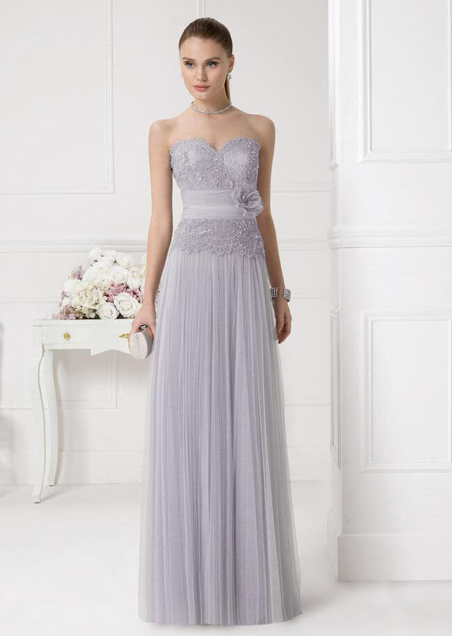 Silver Half Sleeved Lace Top A-line Tulle Bridesmaid Dress