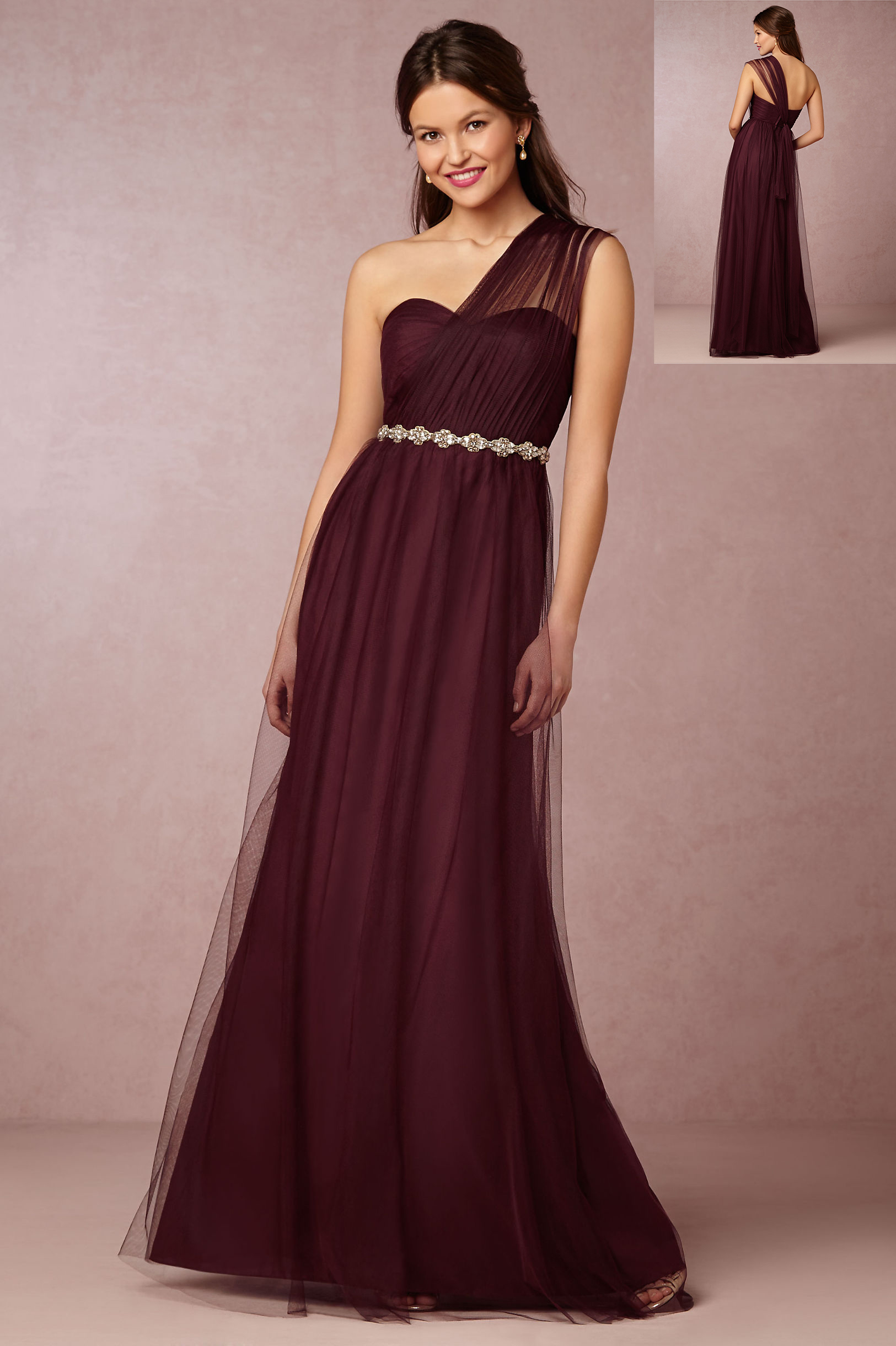 One Shoulder Burgundy Tulle Bridesmaid Dress with Crystal Ribbon