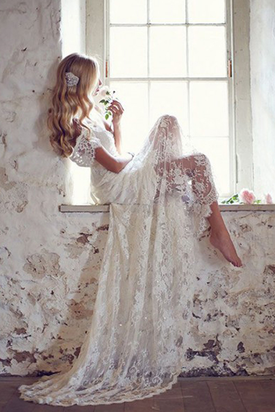 Charming Off the Shoulder Sheath Long Lace Wedding Dress