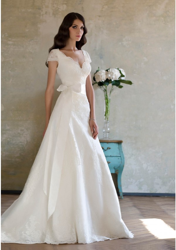 Elegant A-line V-neck Lace Sashes/Ribbons Sweep/Brush Train Wedding Dress