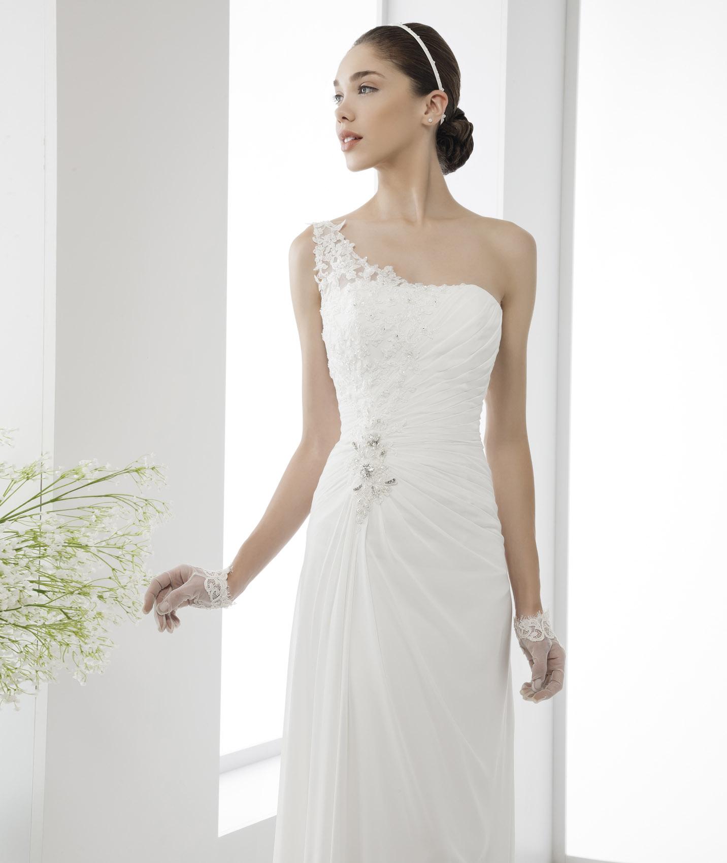 Simple Sheath/Column One Shoulder Beading&Sequins Lace Sweep/Brush Train Chiffon Wedding Dresses
