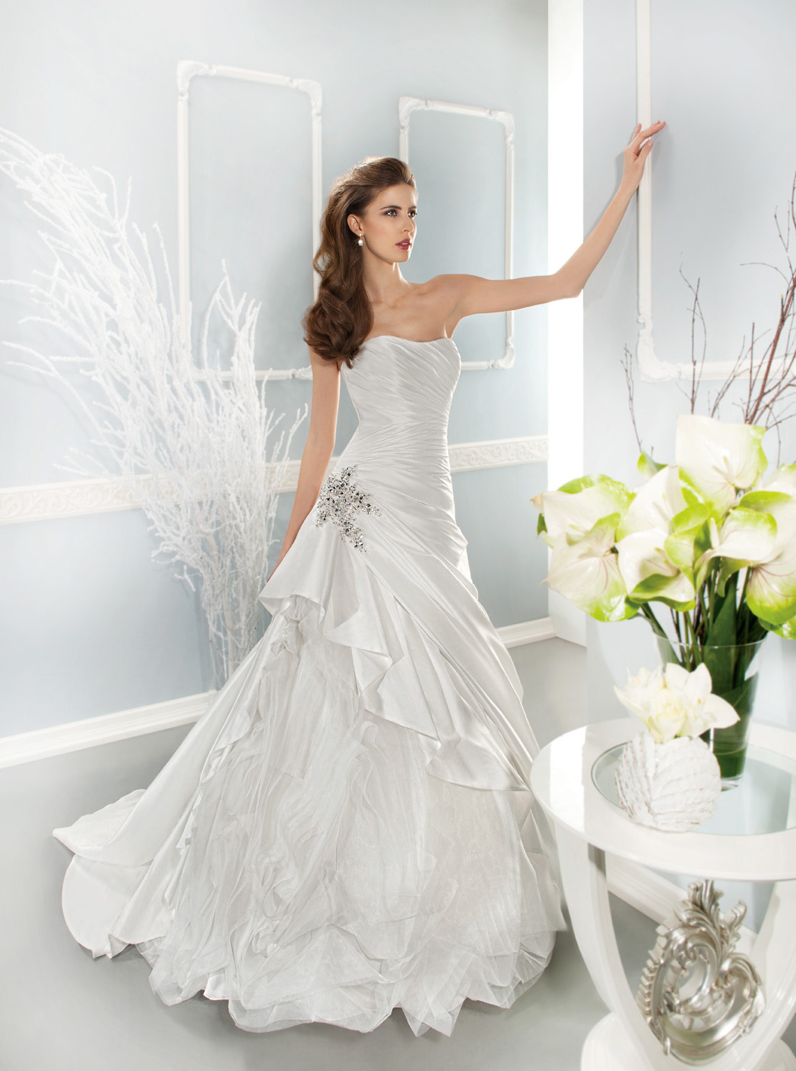 Simple A-line Strapless Beading&Crystal Sweep/Brush Train Satin Wedding Dresses